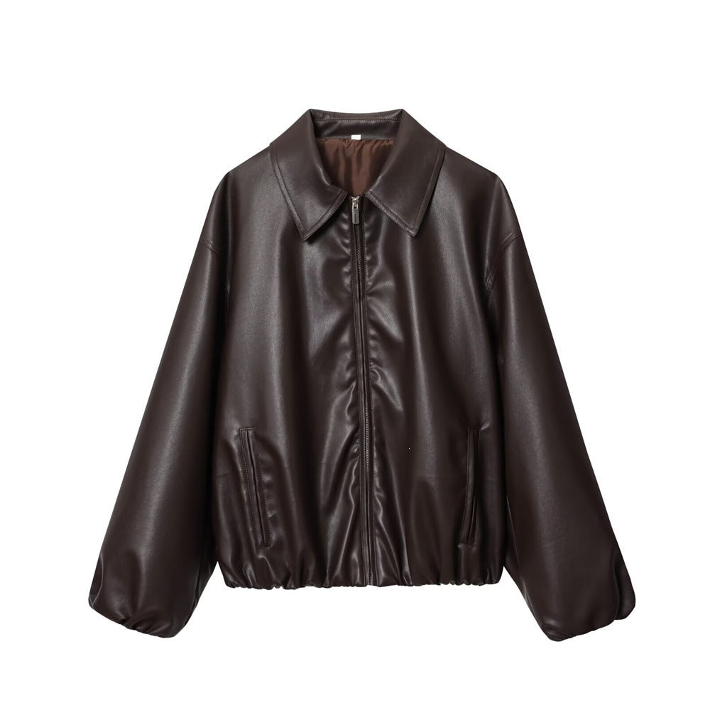Women's short-cut oversized blouse jacket made of vegan leather with shirt collar and elastic hem Chichicherry