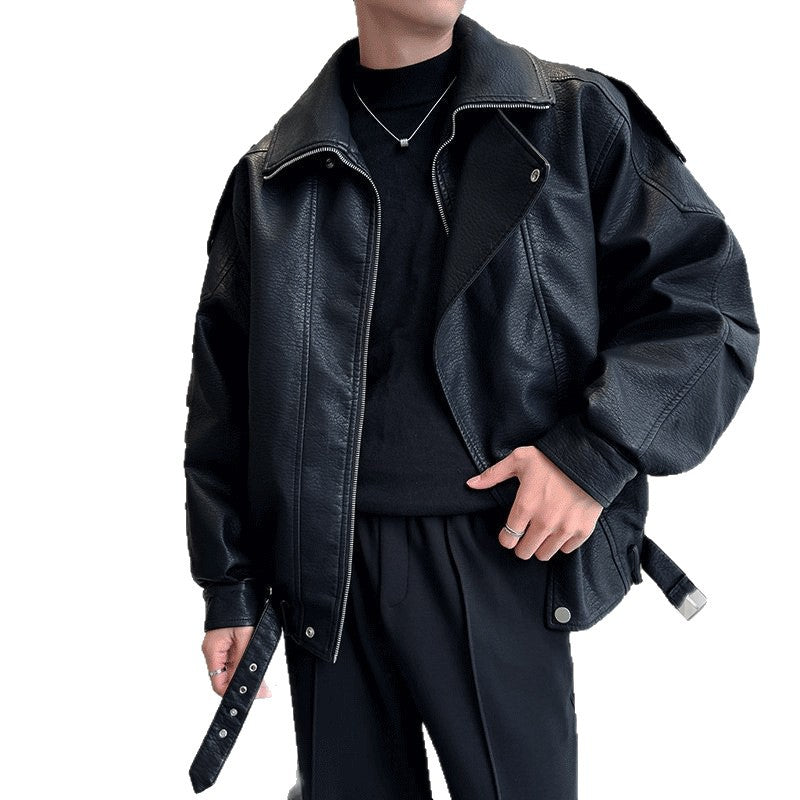 Herren Oversized Lederjacke mit weitem asymmetrischen Revers und Taillengürtel Chichicherry