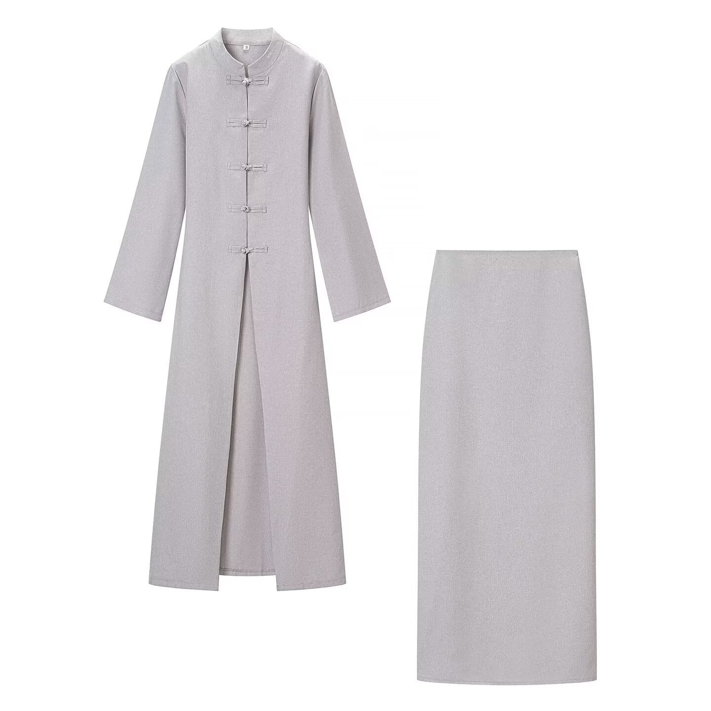 Women's Long Sleeve Maxi Dress with Stand Collar Toggle Button Closure and Front Slit Chichicherry