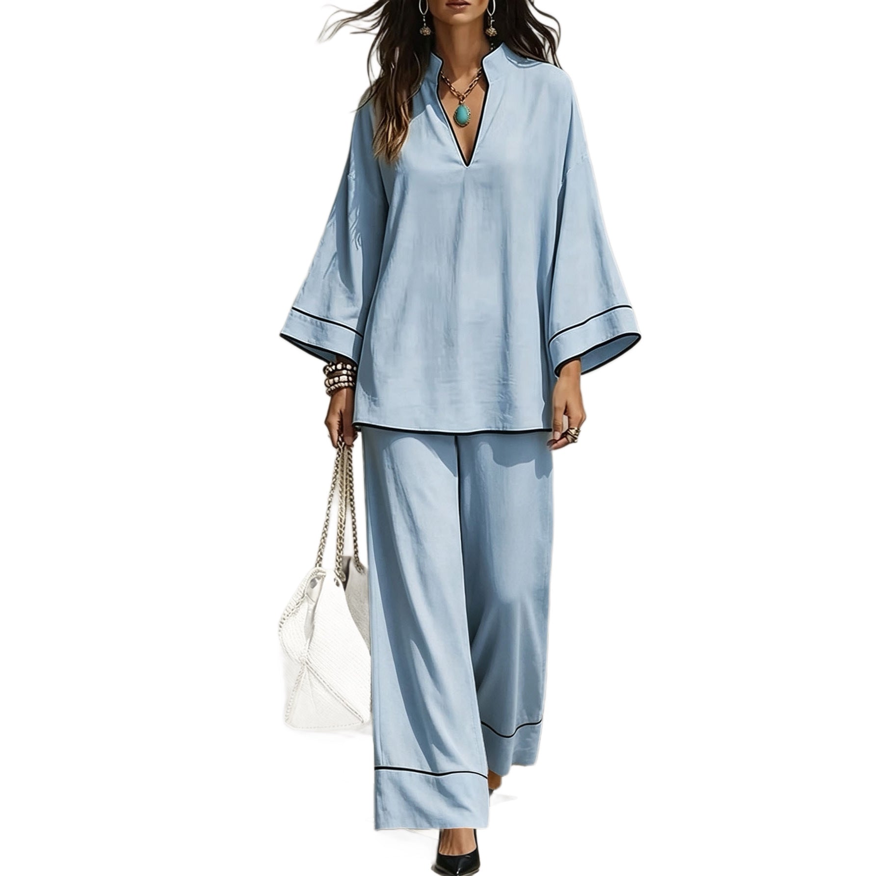 Damen Lässiges zweiteiliges Leinenoptik-Loungewear-Set mit Stehkragen, V-Ausschnitt und weitem Beinschnitt Chichicherry