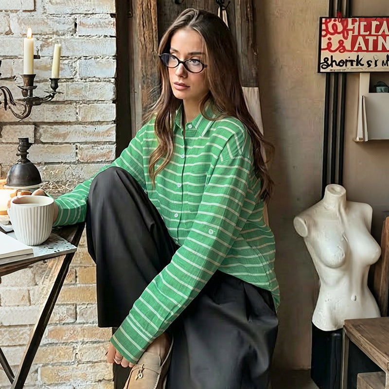 Women's Casual Linen Look Shirt Blouse with Stripes, Oversized Fit and Chest Pocket Chichicherry