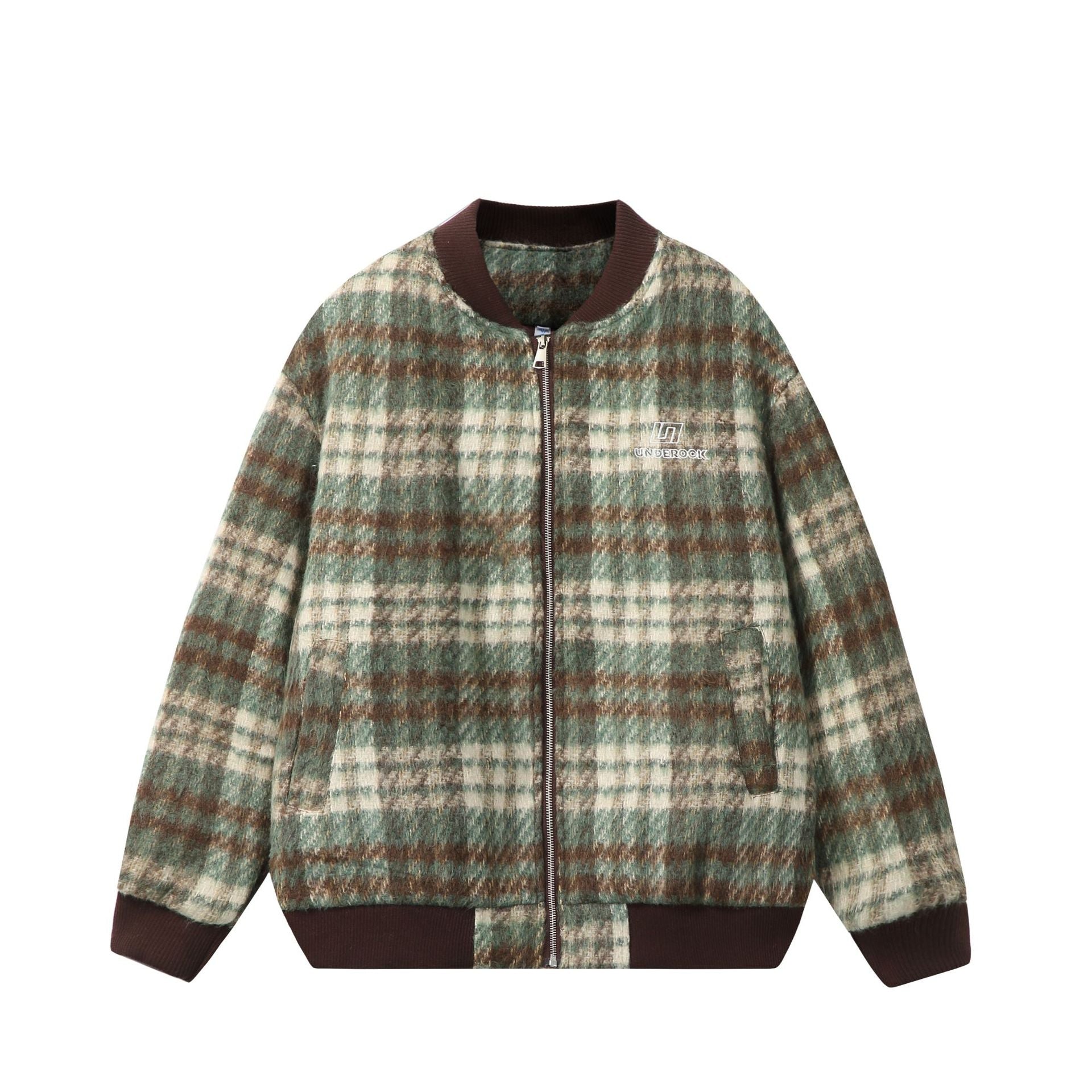 Unisex Short boxy cut wool mix bomber with check pattern and ribbed cuff Chichicherry