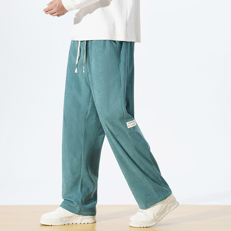 Men's Loose Cord Pants in Relaxed Fit with Drawstring Waist & Straight Leg Chichicherry