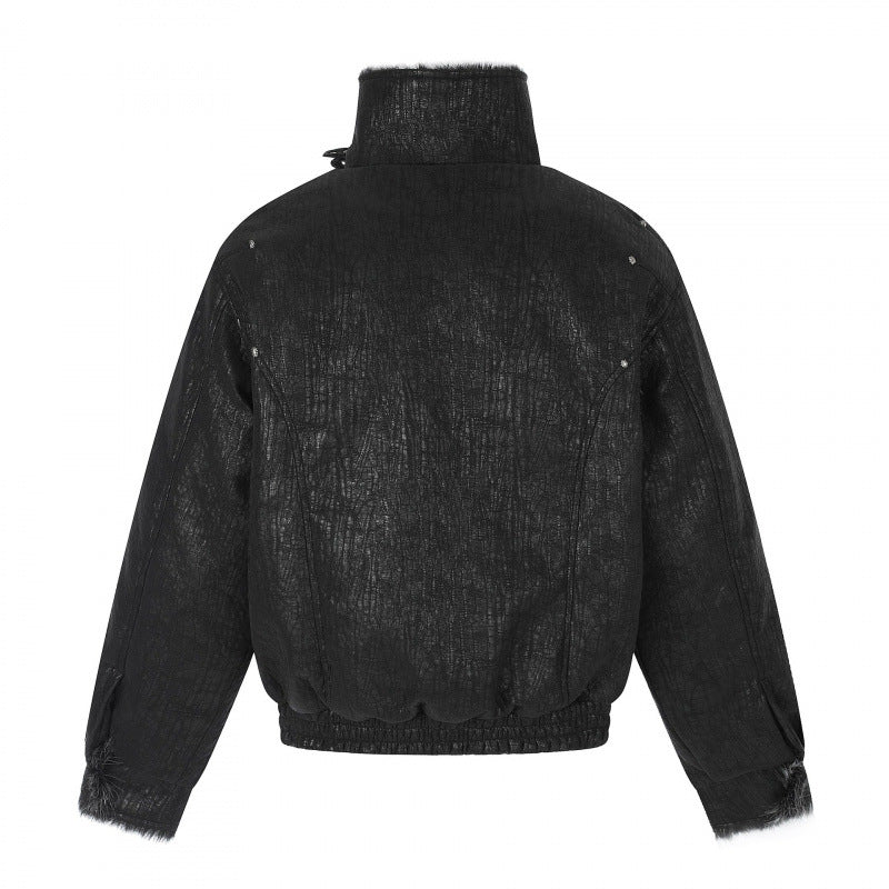 Men's Short Biker-Inspired Faux Leather Bomber Jacket with Studs, Double Buckle Collar and Teddy Lining Chichicherry
