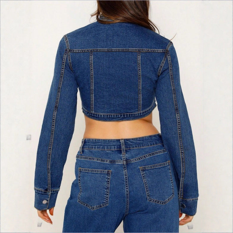 Women's Cropped Denim Hoodie with Zipper and High-Waist Midi Skirt with Front Slit Chichicherry