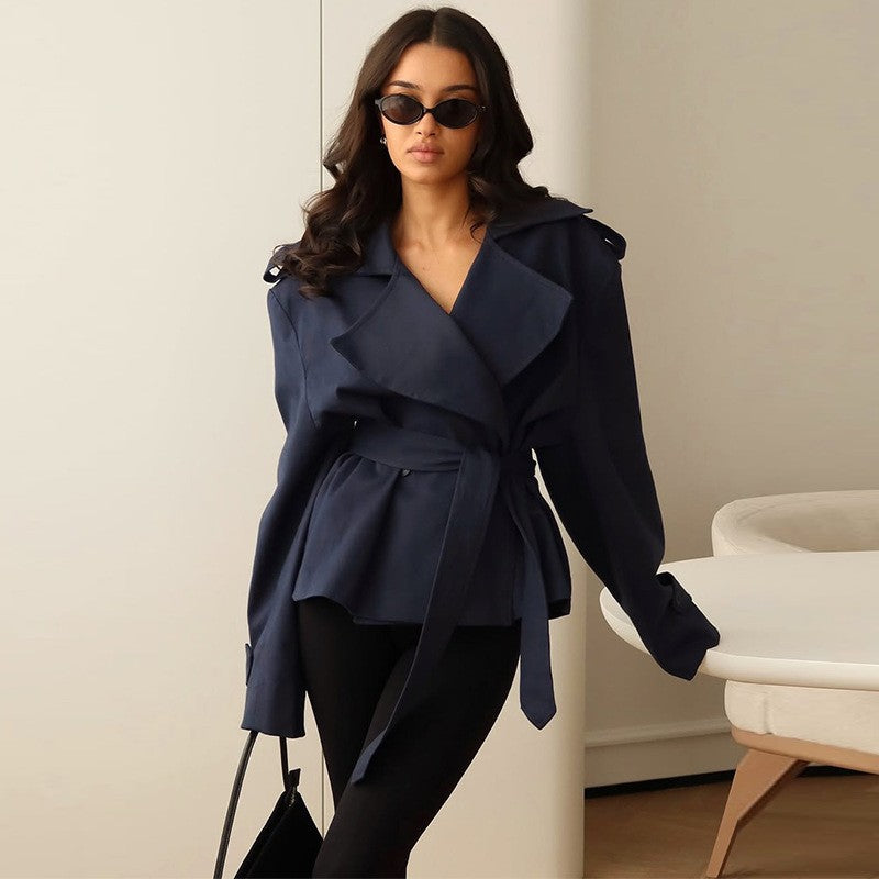 Women's Cropped Trench Coat with Double Button Placket, Waist Belt, and Shoulder Straps Chichicherry