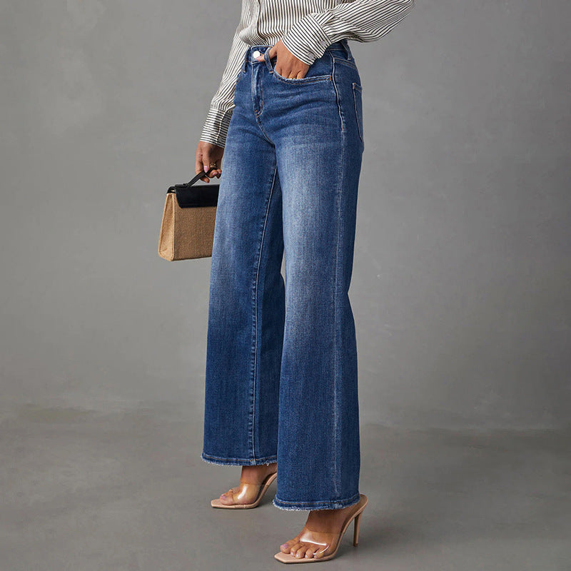 Women High-Waist Denim Flared Pants with Wide Leg and Light Vintage Wash Chichicherry