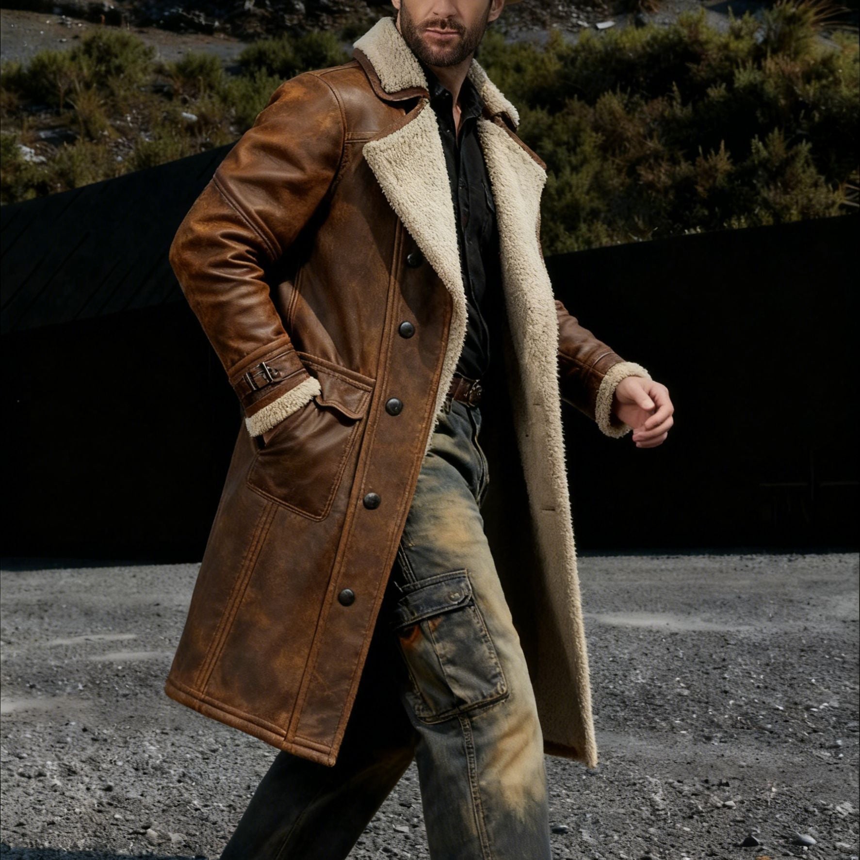 Men's Long Vintage Faux Leather Coat with Teddy Lining and Adjustable Buckle Cuffs Chichicherry