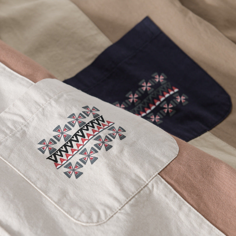Men's Colorblock Shirt Jacket in Relaxed Fit with Chest Pocket and Ethno Embroidery Chichicherry