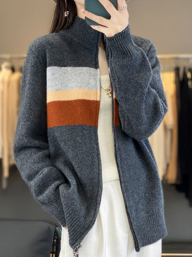 Women's Zip-Up Knit Cardigan made of soft wool blend with block stripes and ribbed hem Chichicherry