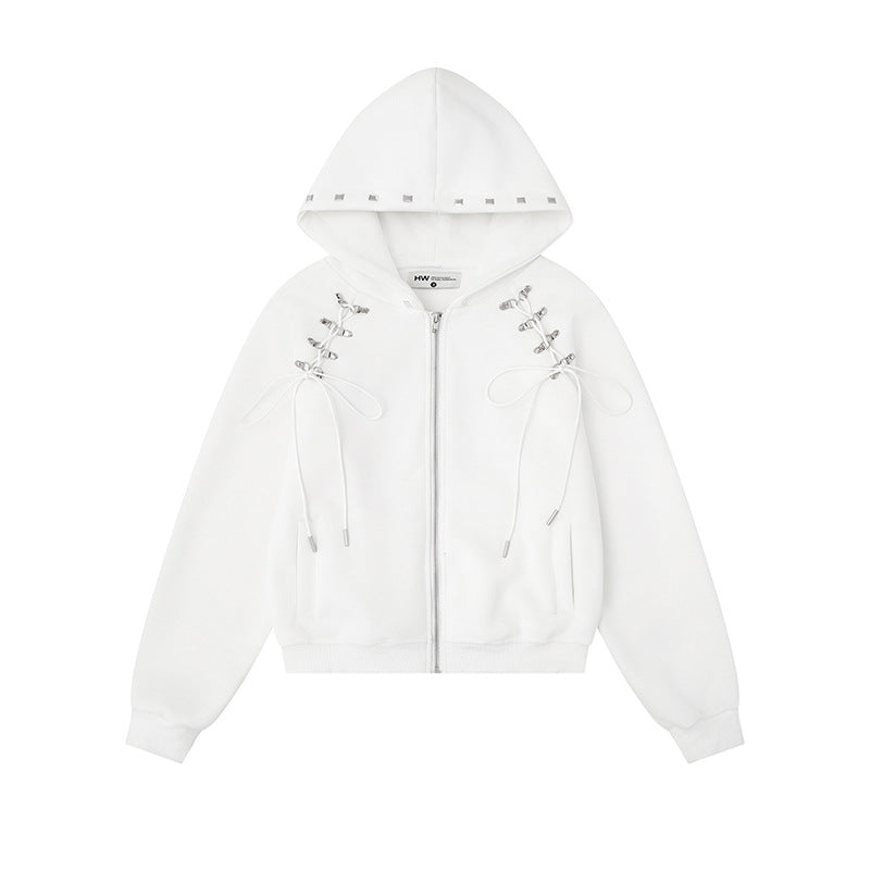 Women's hooded sweat jacket with lacing, metal eyelets, and long zipper Chichicherry
