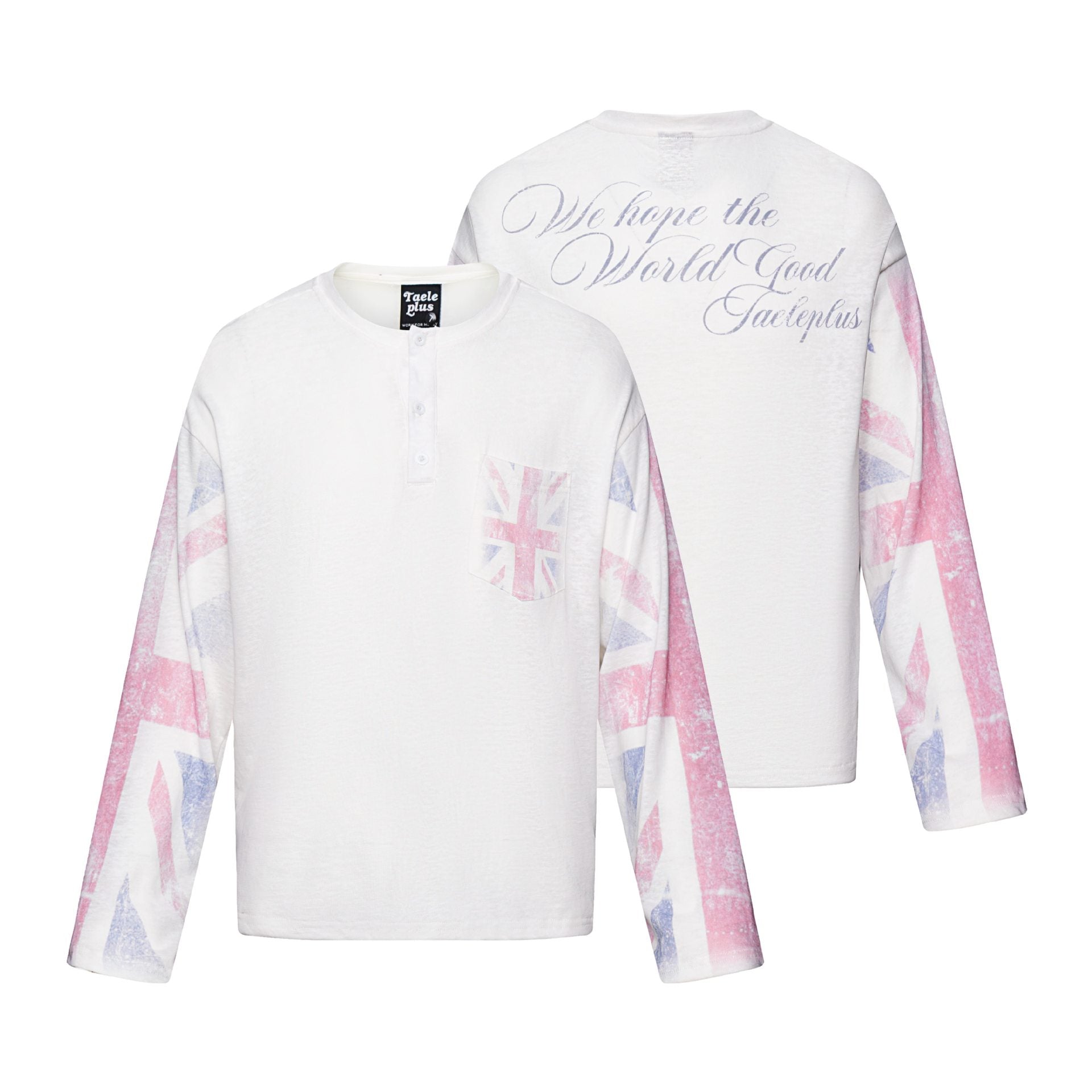 Unisex Long Sleeve Henley Shirt with Chest Pocket and Vintage Flag Print Chichicherry