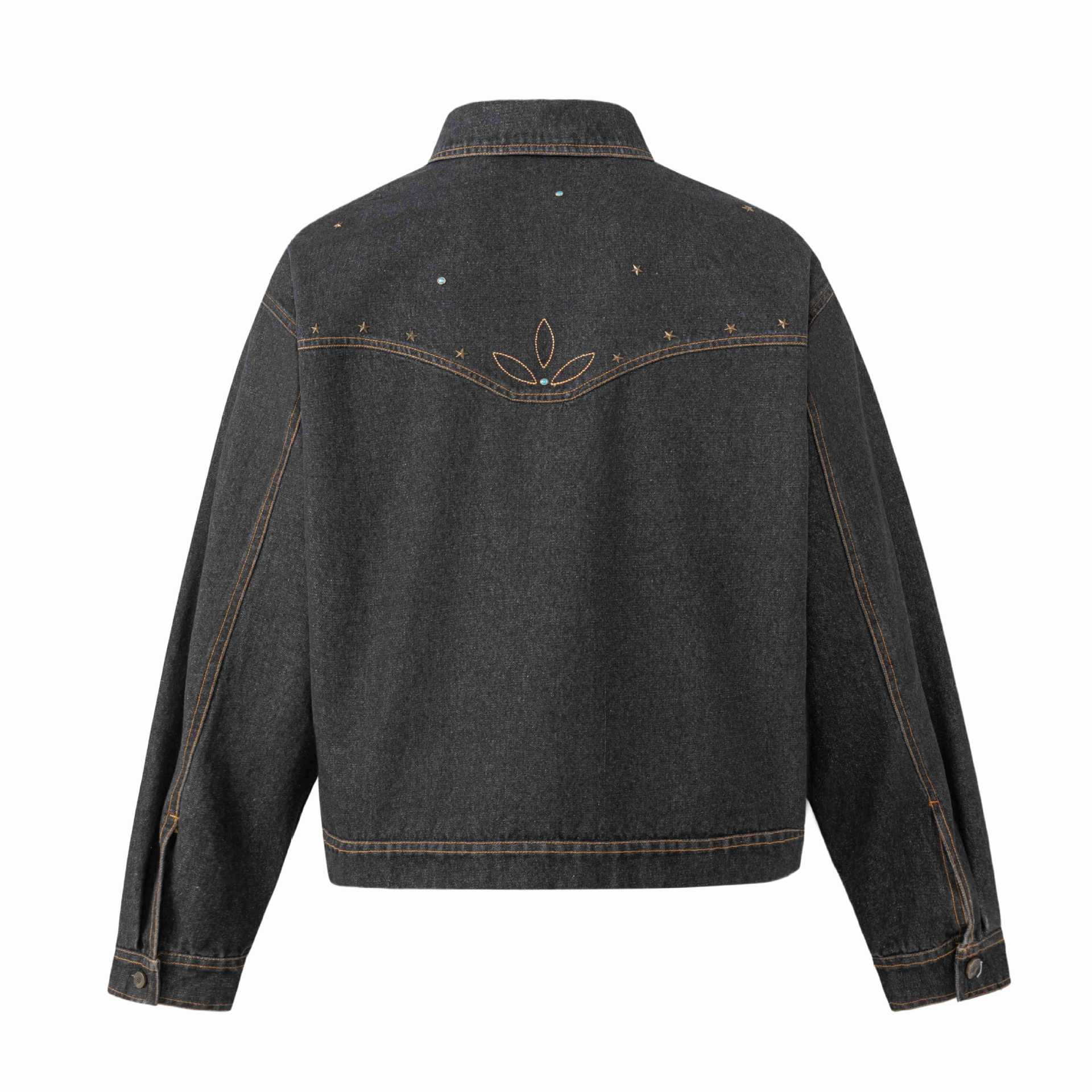 Unisex Boxy-Jeans Jacket with Star Embroidery and Decorative Studs Chichicherry