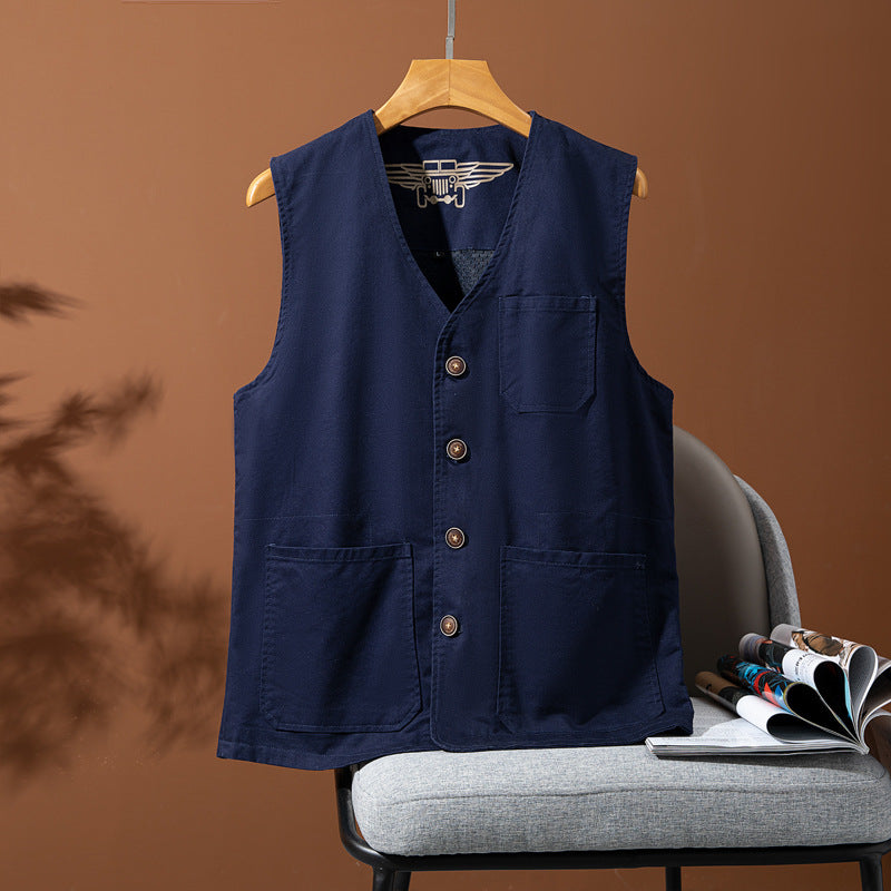 Men's Sleeveless Utility Canvas Vest with V-Neck, Button Placket, and Patch Pockets Chichicherry