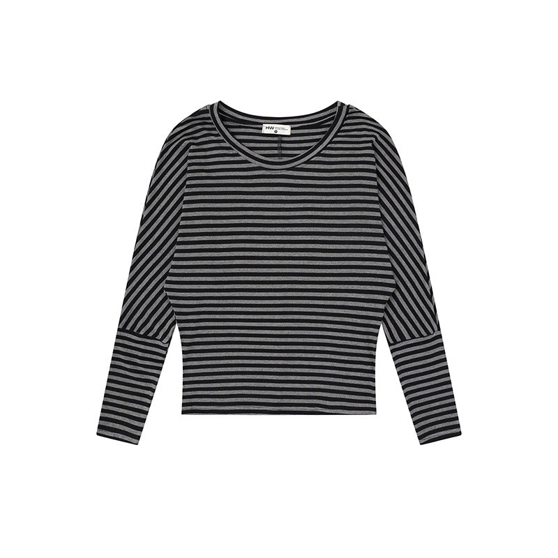 Women Striped Long Sleeve Round Neck Top made of Cotton Blend Chichicherry