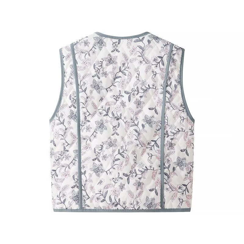 Women's light quilted vest with floral print, V-neck and side pockets Chichicherry