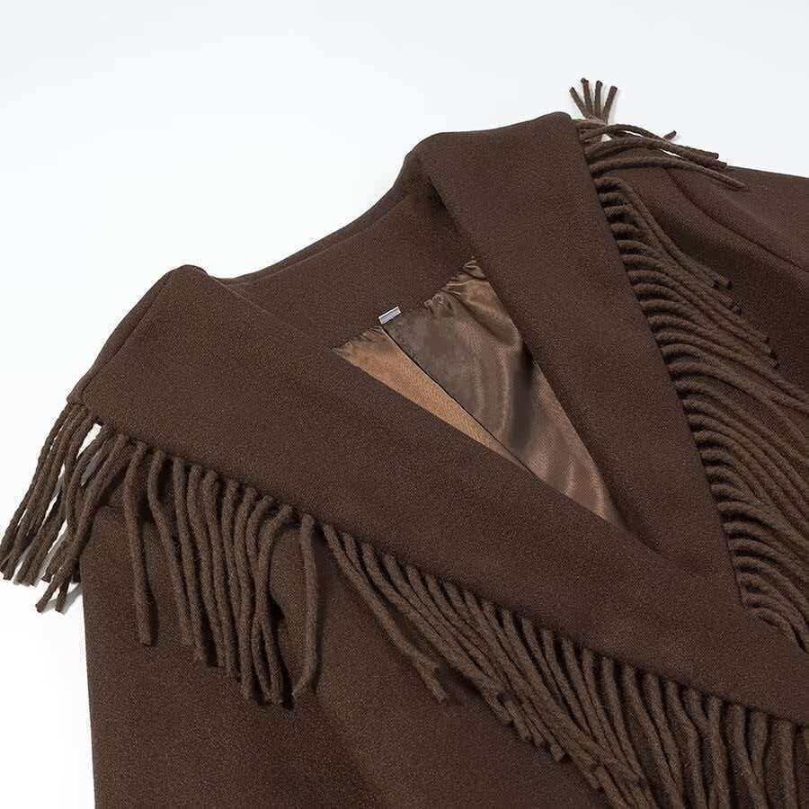 Ladies Long Fringe Wool Blend Coat with Hood, Tie Belt and Patch Pockets Chichicherry