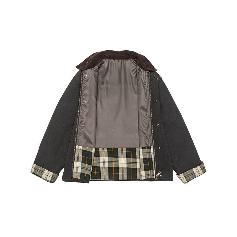 Men's Short Boxy Work Jacket made of sturdy canvas with cord collar and concealed snap button placket Chichicherry