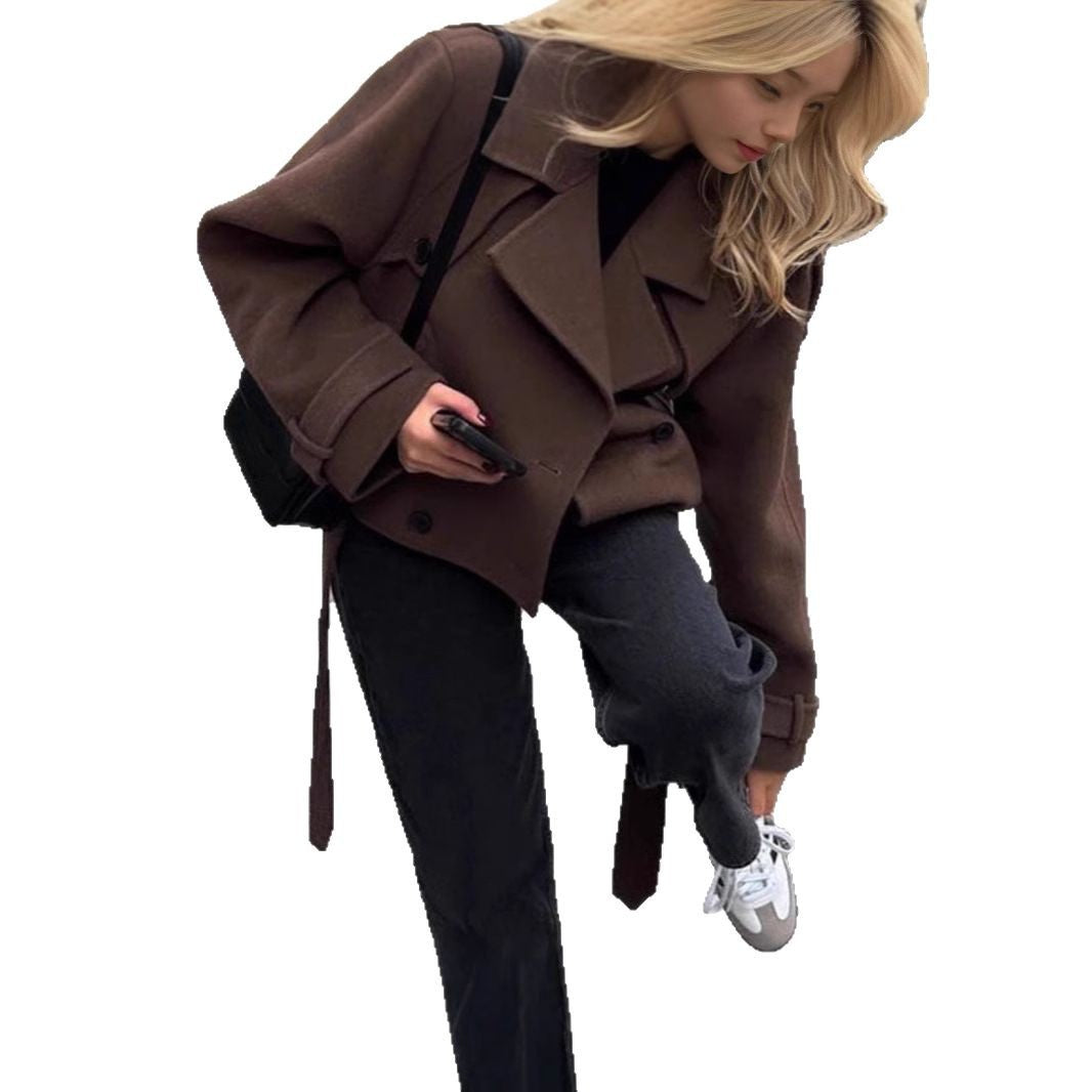 Women Short Wool Coat with Oversized Collar, Double-Breasted Button Placket and Tie Belt Chichicherry