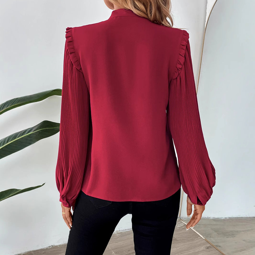 Ladies Elegant Chiffon Blouse with Bow Collar and Pleated Sleeves Chichicherry