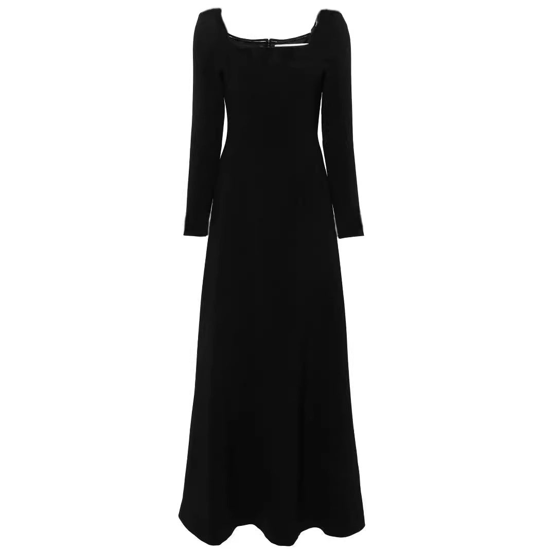 Women's Maxi Length Evening Dress in Minimalist A-Line Cut with Square Neckline and Long Sleeves Chichicherry