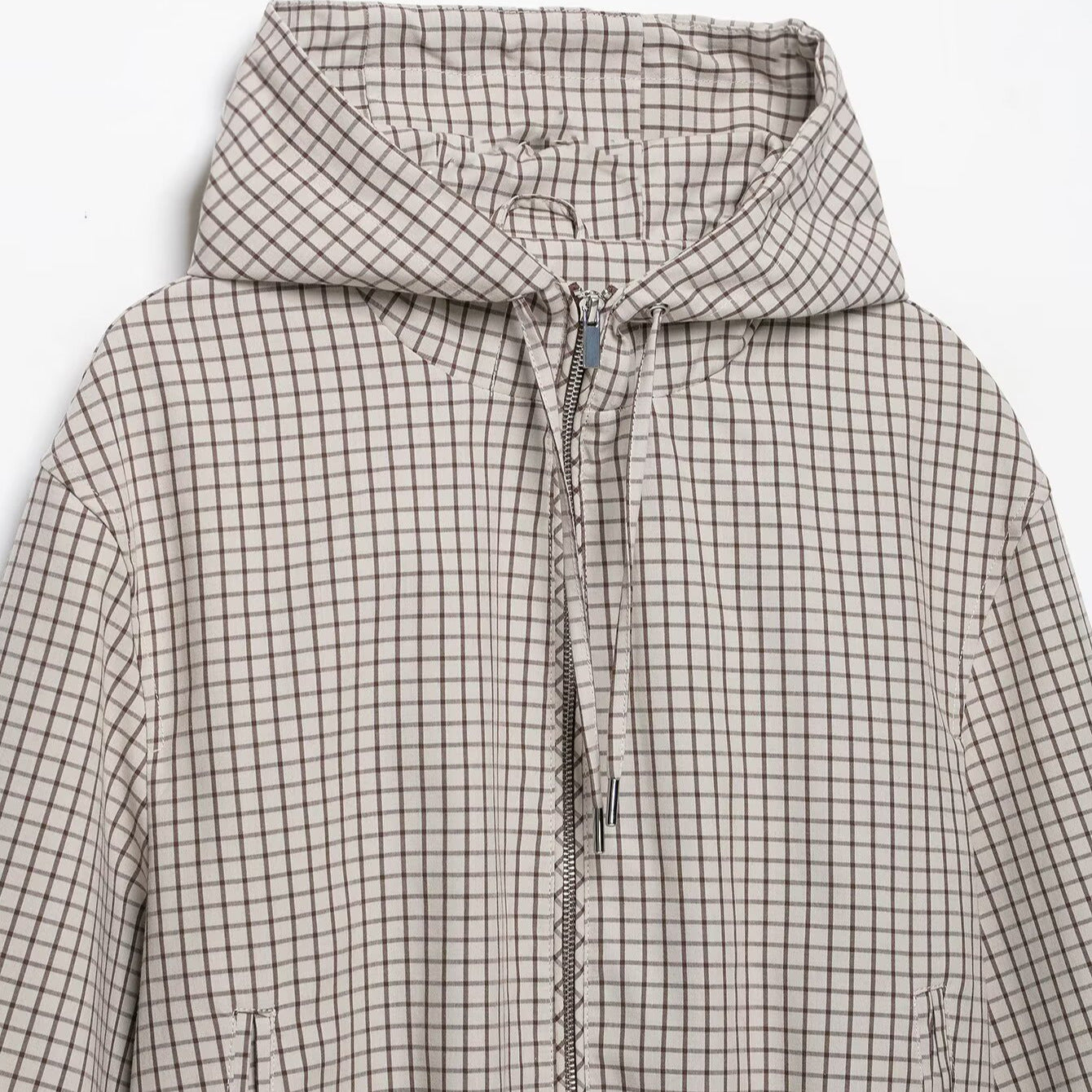 Women Lightweight Hooded Jacket in Check Pattern with Drawstring Hem and Elastic Cuffs Chichicherry