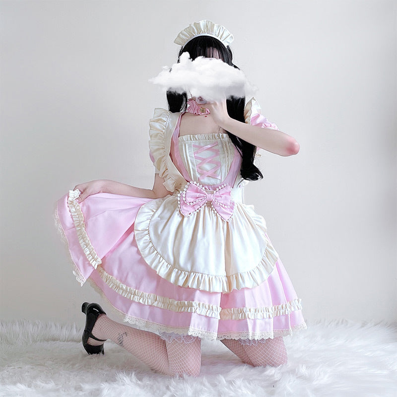 Ladies playful maid dress with ruffle details and satin accents Chichicherry