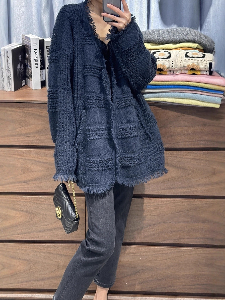 Women's Oversized Knit Cardigan with Structured Check Pattern Look, Fringes and Pockets Chichicherry
