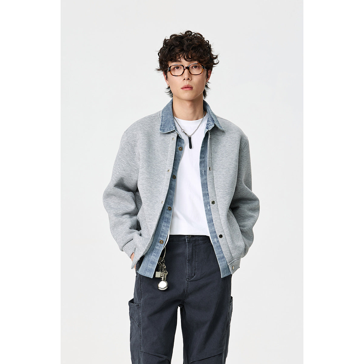 Unisex Layered Look Boxy Blouson with integrated Denim Collar and Snap Button Placket Chichicherry