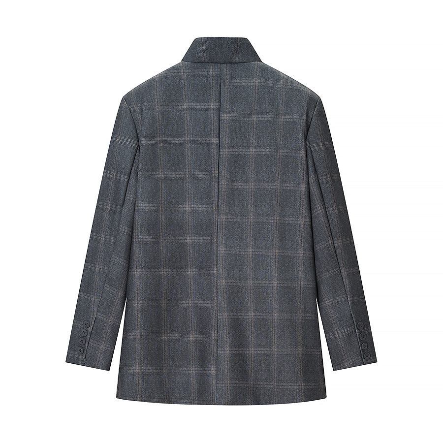 Men's Checked Stand Collar Blazer with Asymmetrical Button Placket and Patching Pockets Chichicherry
