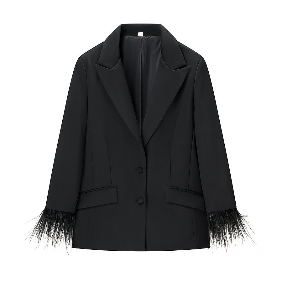 Women Stylish tailored blazer pantsuit with feather trim on cuffs Chichicherry