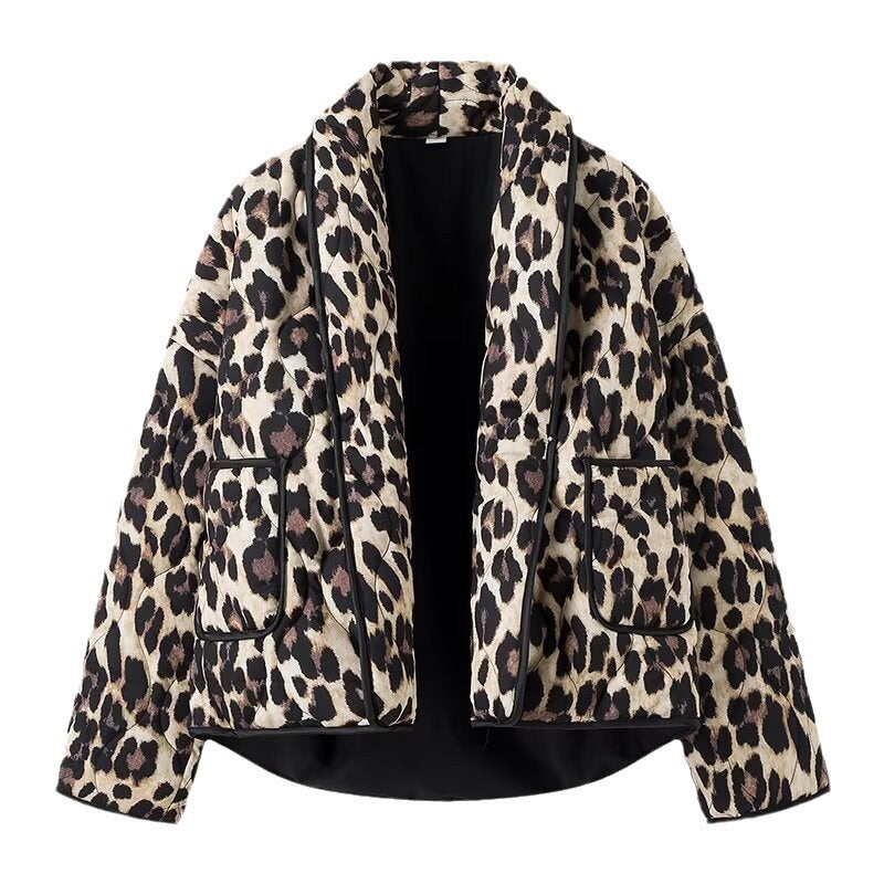 Women's Lined Short Jacket in Leopard Print with Shawl Collar and Piping Chichicherry