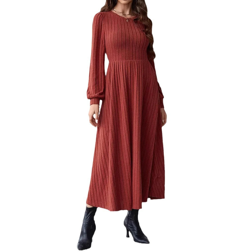 Women's Ribbed Midi Dress with Tailored Cut and Long Balloon Sleeves Chichicherry