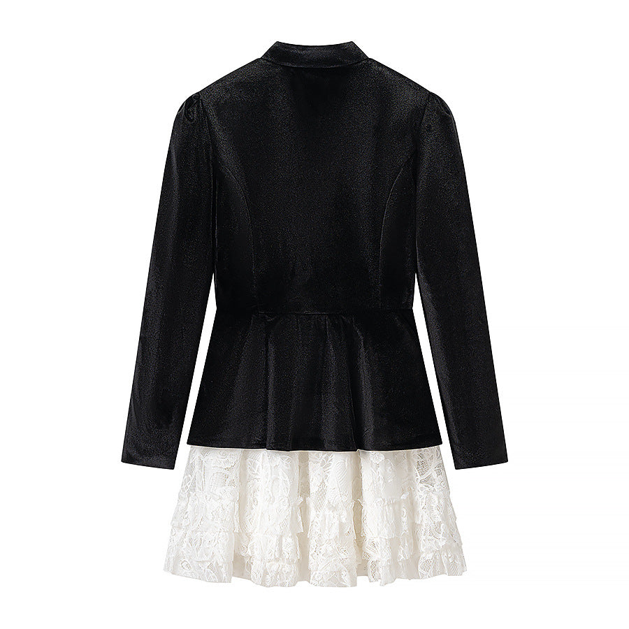 Ladies velvet dress in two-piece look with bow collar, decorative buttons and lace-tiered skirt Chichicherry