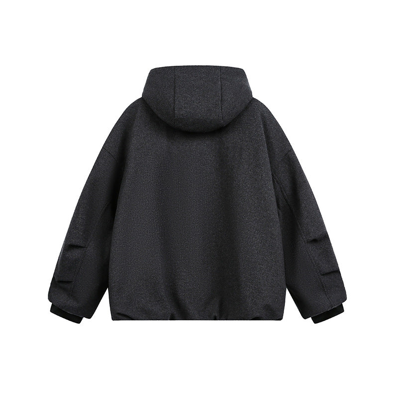 Men's Loose-Fitting Padded Wool Blend Hooded Jacket with Zip and Drawstring Chichicherry
