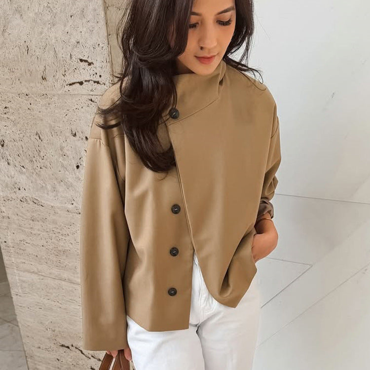 Women's short A-line coat jacket with stand-up collar and asymmetrical button placket Chichicherry