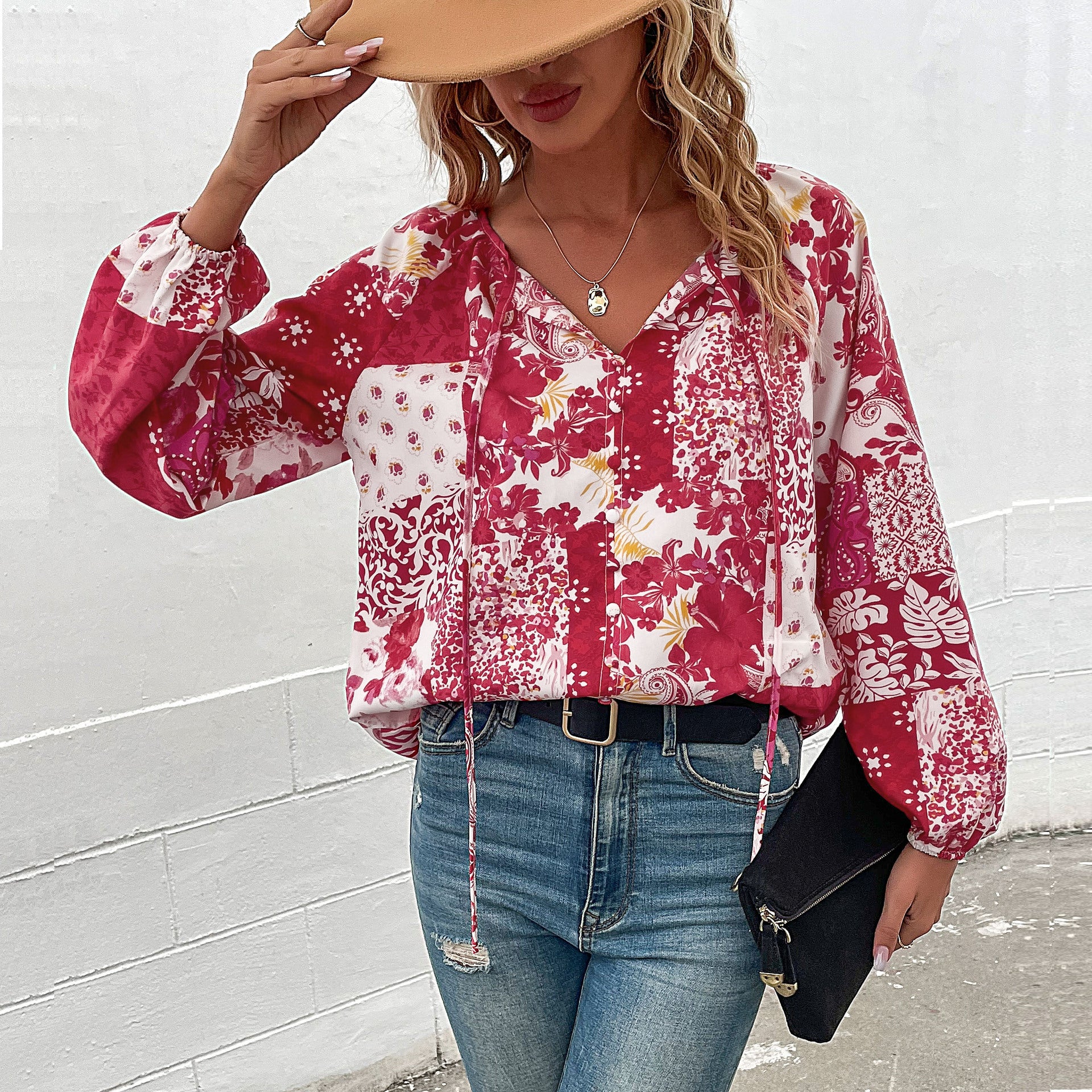 Women's Light Boho Blouse with Patchwork Print, Tied Slit and Balloon Sleeves Chichicherry