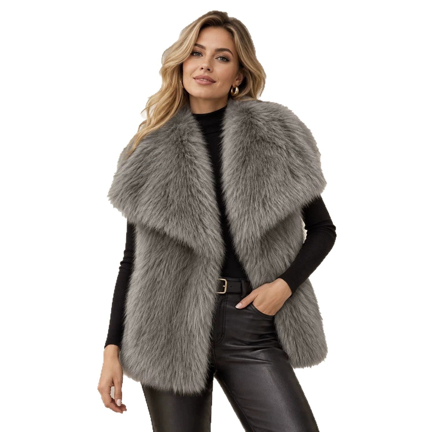 Women Sleeveless High-Pile Faux Fur Vest with Voluminous Shawl Collar and Slip Pockets Chichicherry