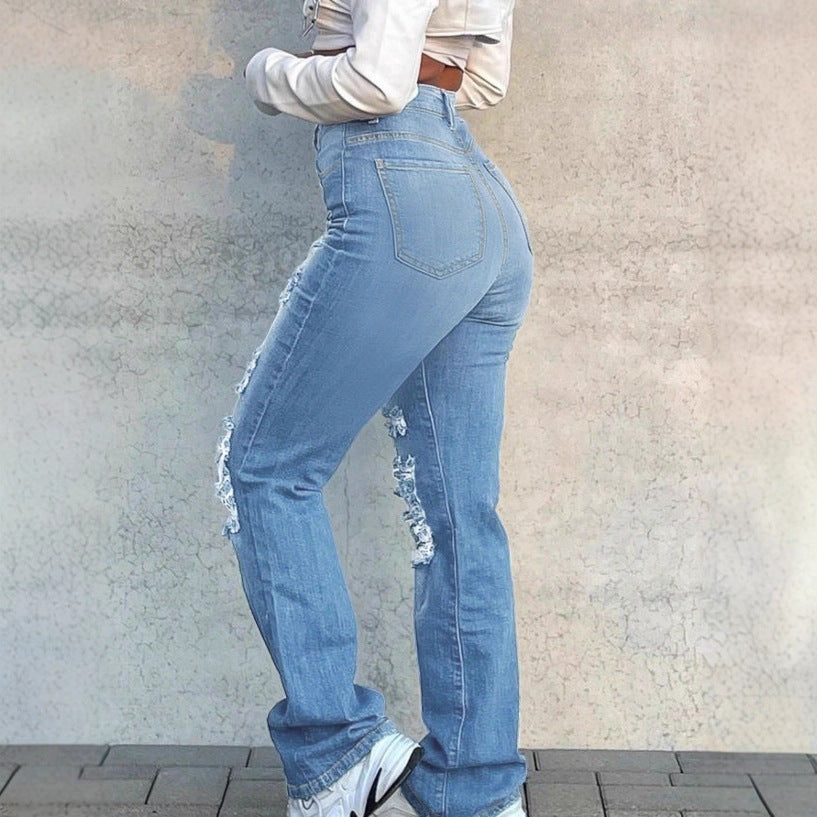 Women high-waisted ripped flared jeans with shaping comfort waistband Chichicherry