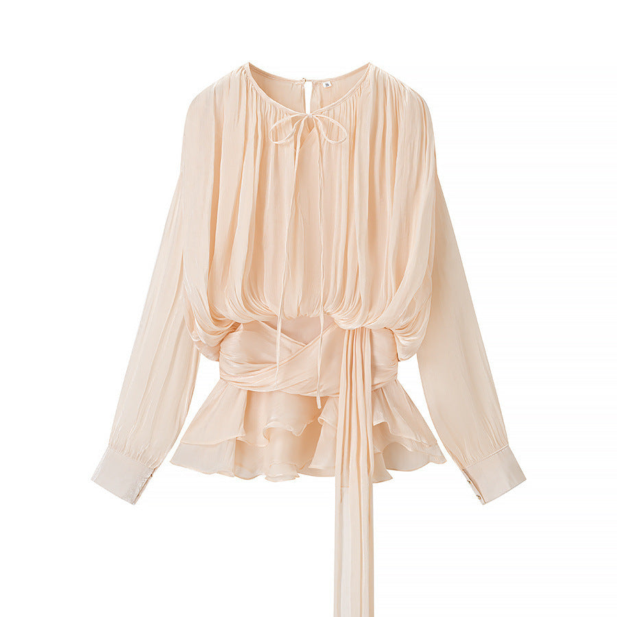 Women's chiffon blouse with draped corset look, ruffled peplum and tie belt Chichicherry