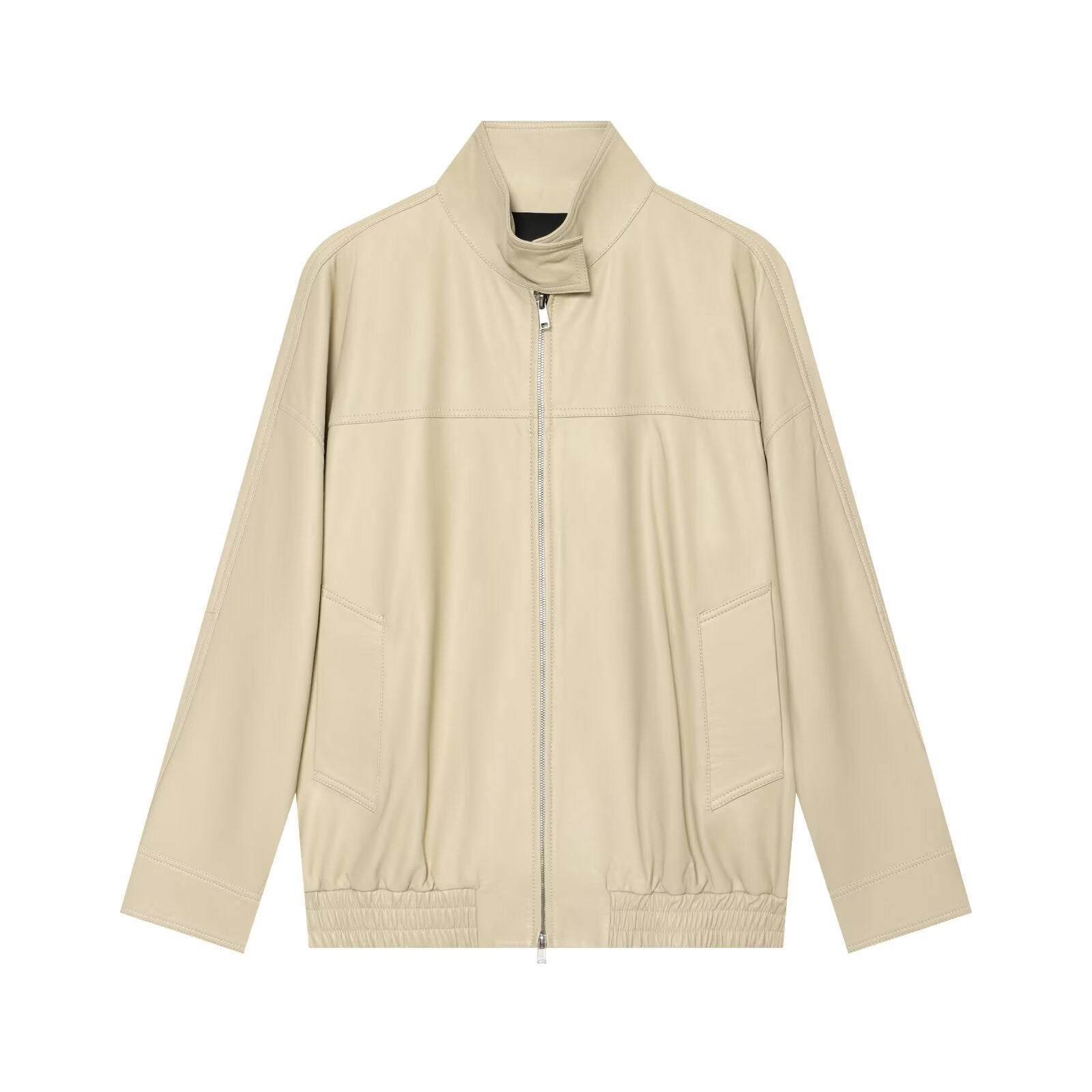 Women's loosely cut leather-look transitional jacket with stand-up collar, two-way zipper, and kangaroo pockets Chichicherry