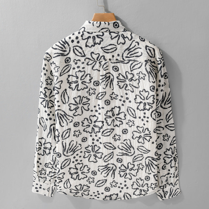 Men's Loose Crinkle Shirt with Hand-Drawn Floral Print and Chest Pocket Chichicherry