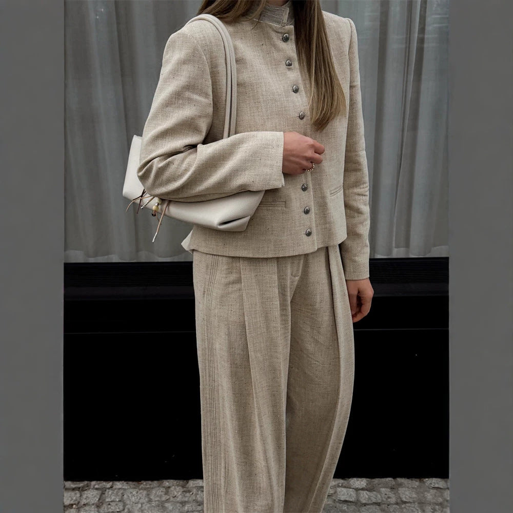 Women's stand collar jacket with metal buttons and wide pleated trousers Chichicherry