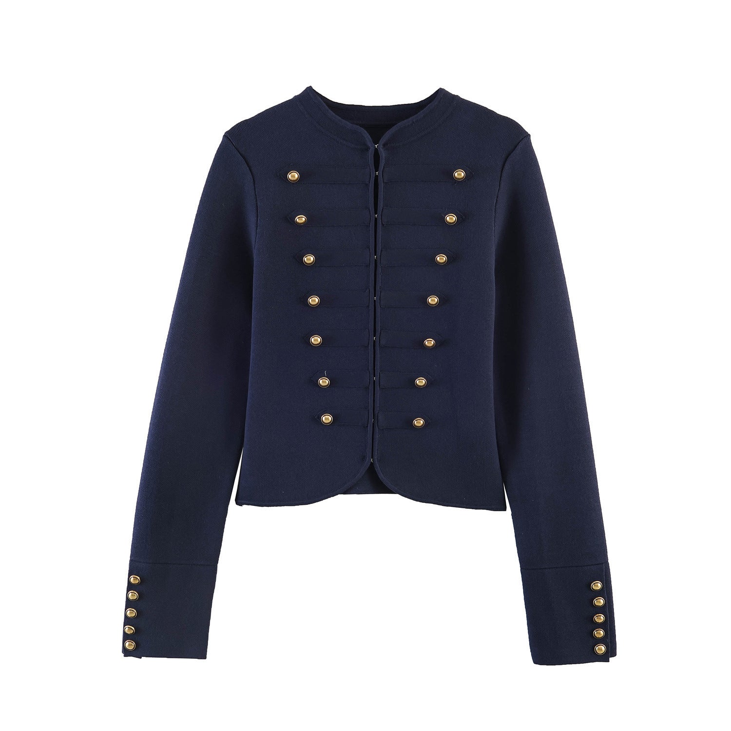 Women's Cropped Military Blazer Jacket with Stand Collar, Decorative Trim and Gold Buttons Chichicherry