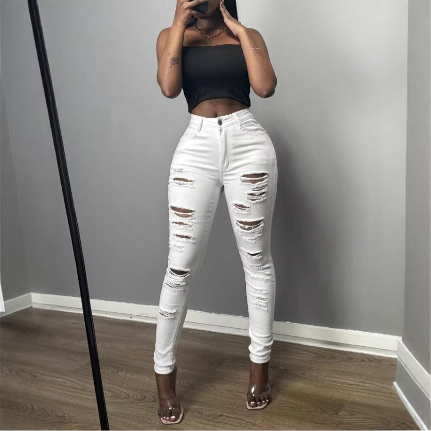 Women's High-Waisted Skinny Jeans with Asymmetrical Destruction Look and Shaping Waistband Chichicherry