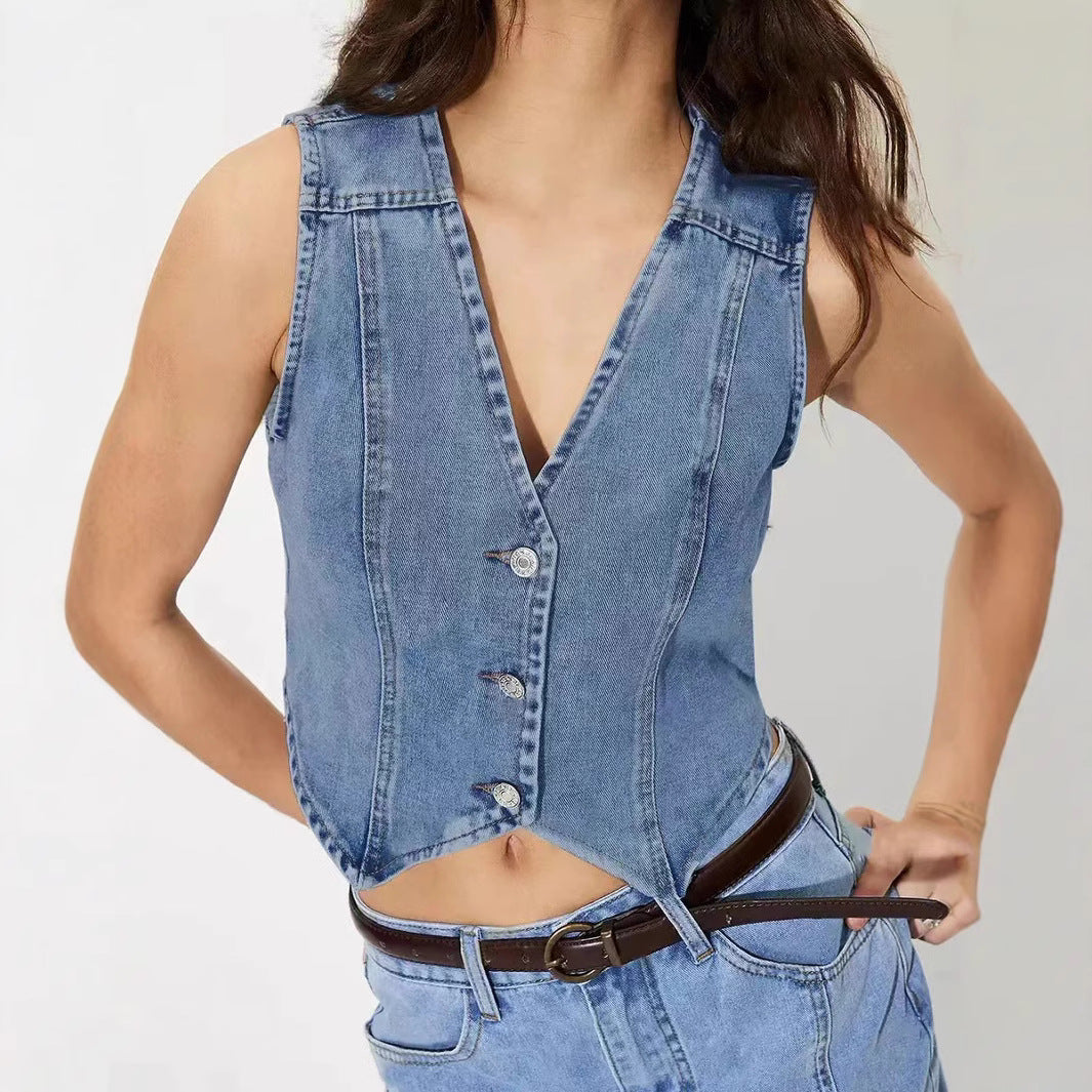 Women tailored sleeveless denim vest with V-neck Chichicherry