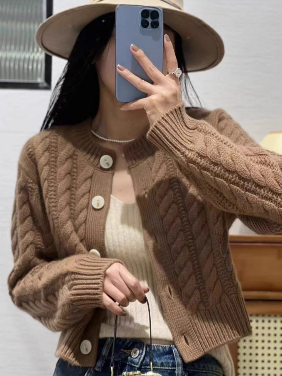 Women's Short Braid Knit Cardigan with Wide Ribbed Hem and Large Buttons Chichicherry