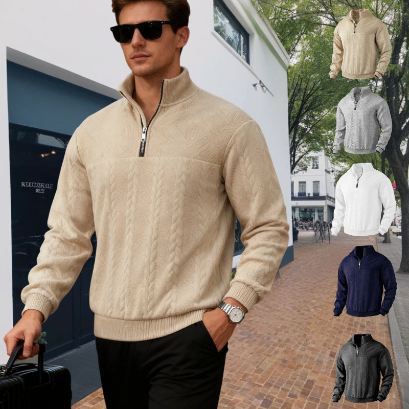 Men's chunky knit half-zip sweater with cable pattern and stand-up collar Chichicherry