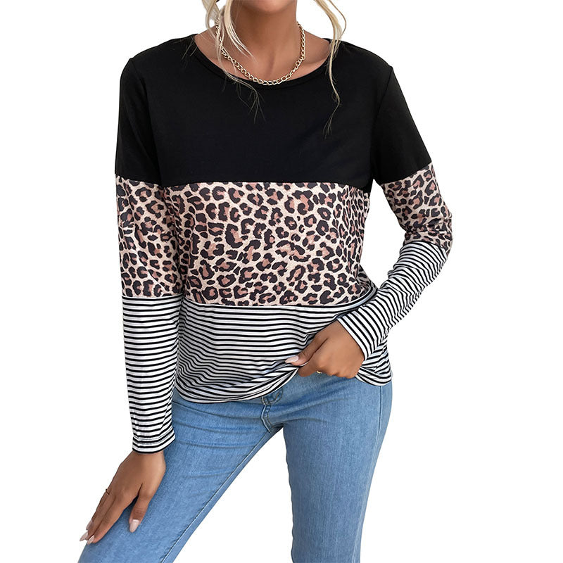 Women's Colorblock Long Sleeve Top with Leopard and Stripe Mix Chichicherry