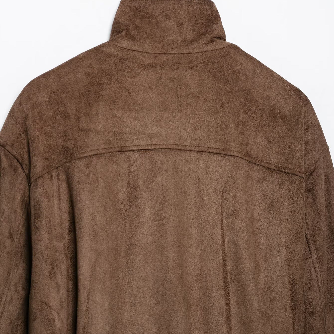Women's short jacket in suede look with high stand-up collar, decorative dividing seams and tie belt Chichicherry